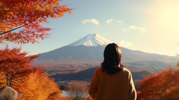 Woman take a photo at fuji mountains autumn in japan travel concept