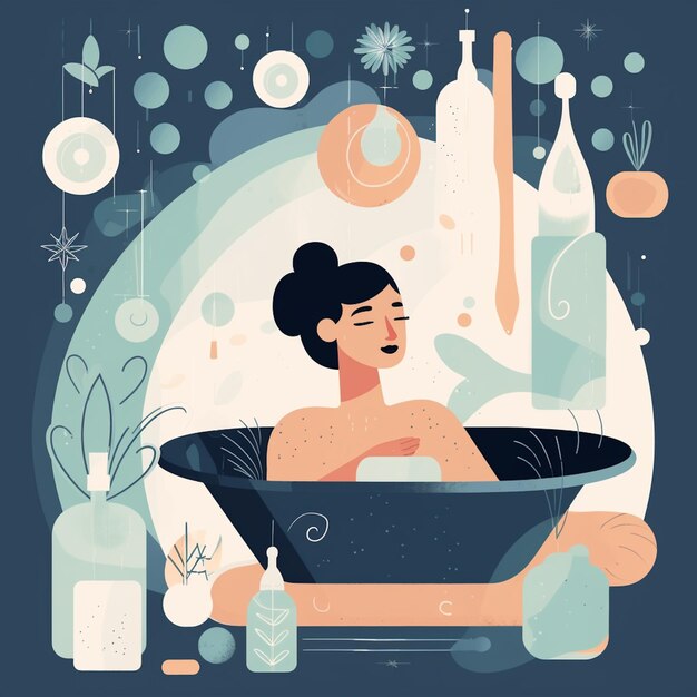 A woman takes a bath in a bubble bath.