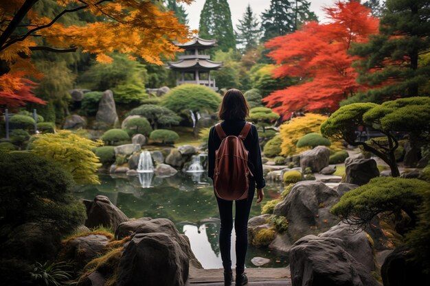 Woman takes in the beauty of vibrant fall colors tranquil pond and traditional architecture