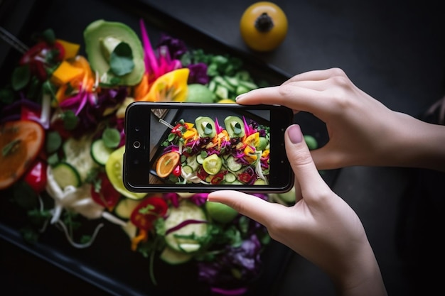 Photo a woman takes a photo of fresh vegetable salad on a smartphone