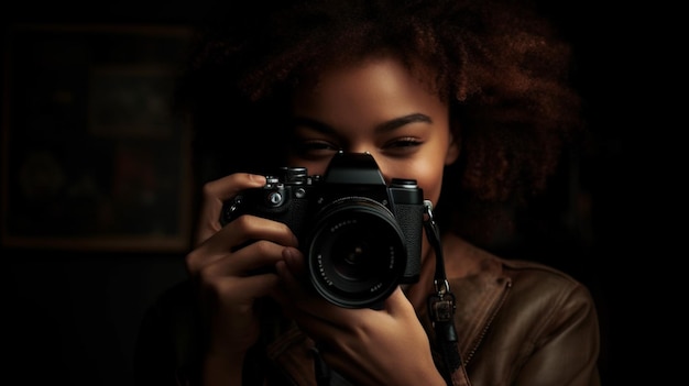 A woman takes a photo with a camera.