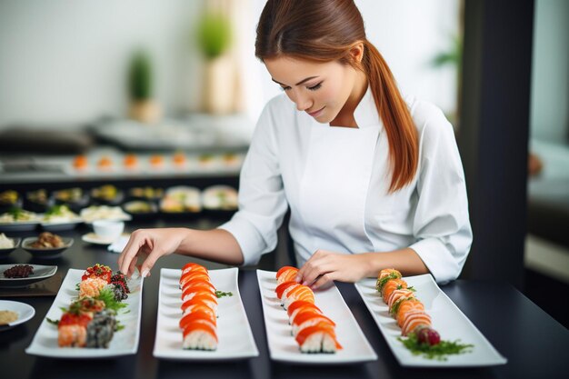 Фото Женщина берет кусок суши с белой тарелки с суши