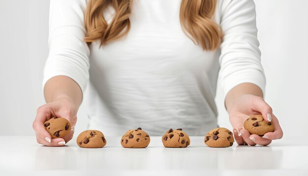 Foto donna che prende deliziosi biscotti al cioccolato su sfondo bianco