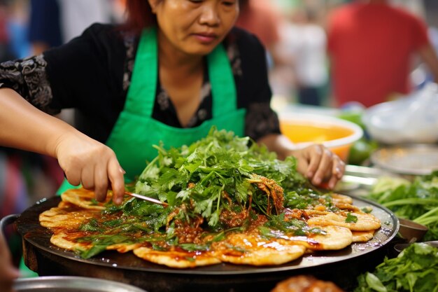 Woman taking and eating banh khot vietnamese pancake