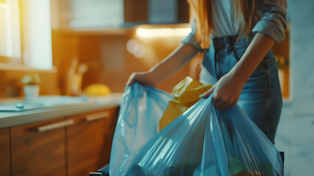 Photo woman taking garbage bag out of bin at home closeup generative ai