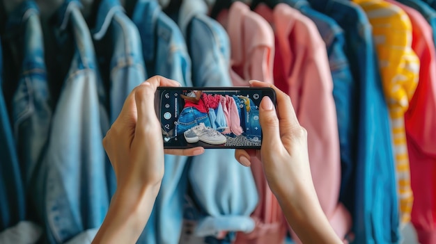 Foto donna che scatta una foto di vestiti, jeans, magliette, scarpe da ginnastica, zaino con smartphone, blogger, influencer o stilista che cattura abiti e accessori di moda primaverile per i social media