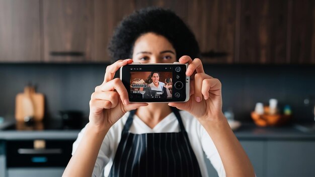 Photo woman taking photo of cooking progress