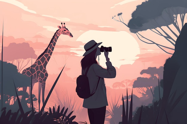 A woman taking a photo of a giraffe in a jungle