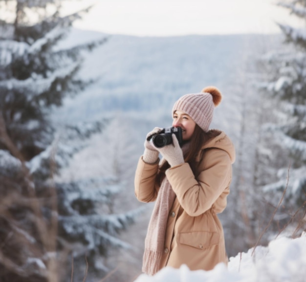 雪の中で写真を撮る女性