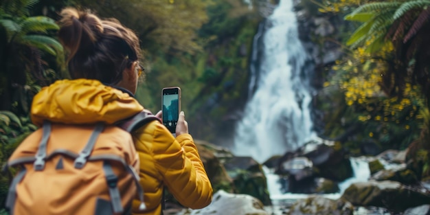 Photo a woman taking a photo of a stunning waterfall with her smartphone