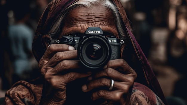 A woman taking a photo with a canon camera