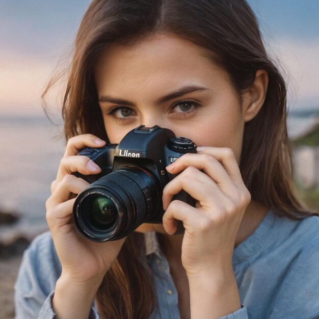 배경이 흐릿한 디지털 카메라로 사진 촬영을 하는 여성