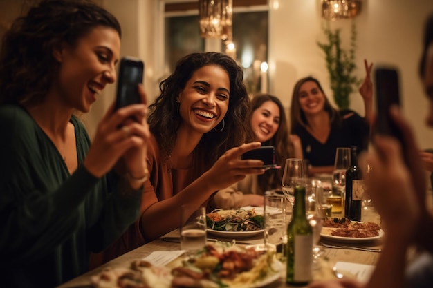 Woman taking picture of her friends at dinner party