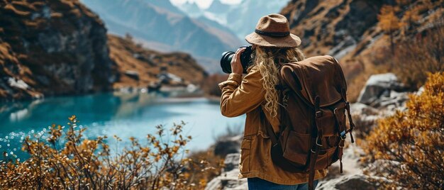 a woman taking a picture of a mountain lake