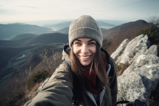 山でセルフポートレートを撮る女性