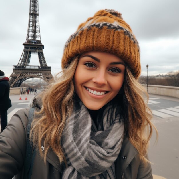 a woman taking a selfie in front of the eiffel tower