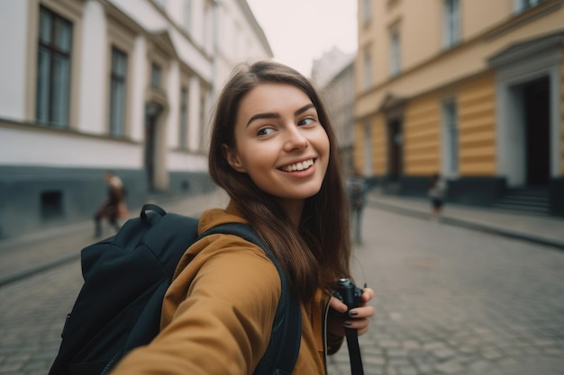 Женщина делает селфи на улице