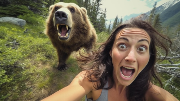 Photo a woman taking selfie with bear the man is running lion chasing the man wild animals