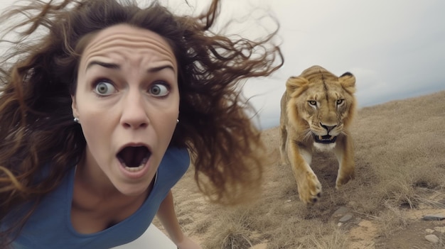 Photo a woman taking selfie with lion the man is running lion chasing the man wild animals