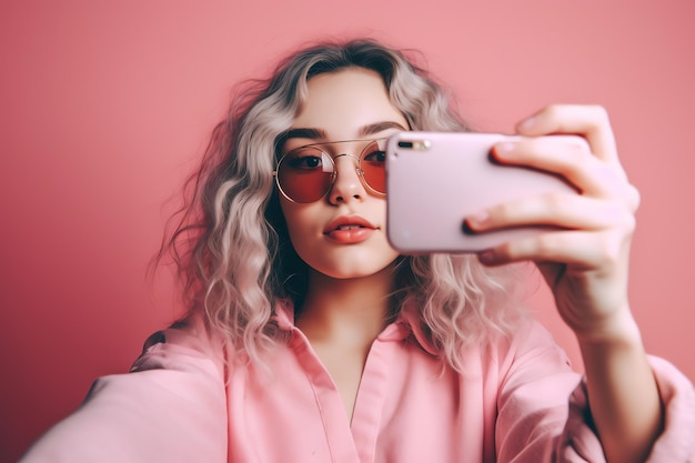  Premium AI Image | A woman taking a selfie with a pink background