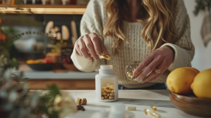 Photo a woman taking vitamins from a bottle