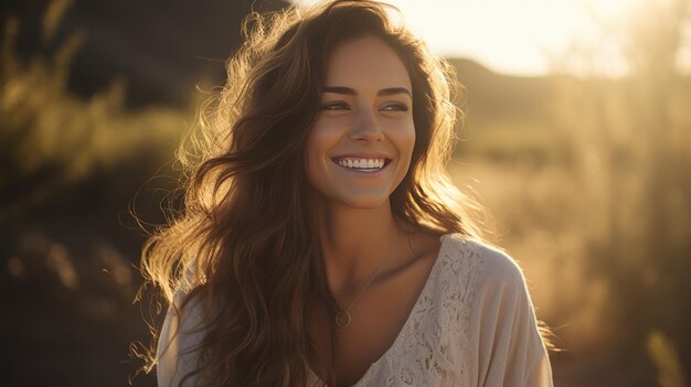 Photo a woman taking a walk at sunset