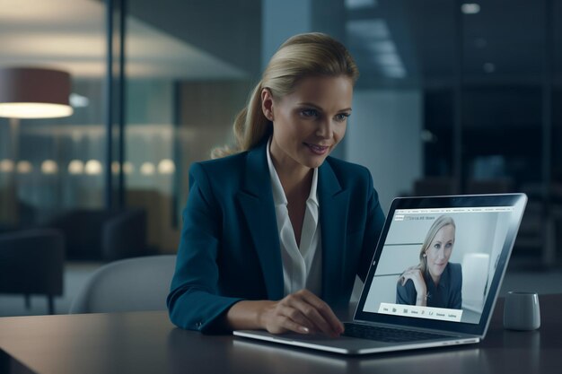 Photo woman talking to boss on video call communication for marketing strategy in corporate office