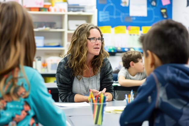 A woman talking to children in a classroom