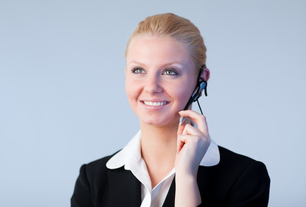 Woman talking on a headset