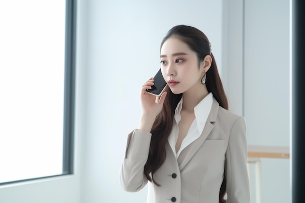 A woman talking on a phone in a office