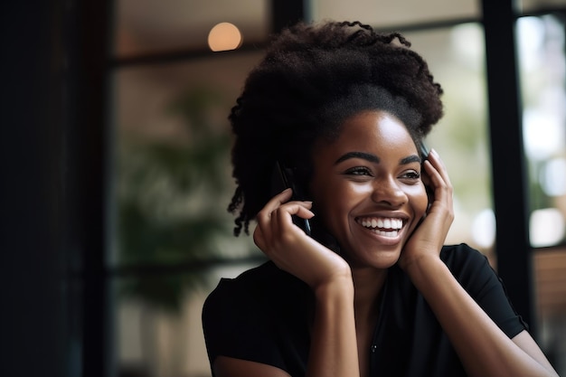 A woman talking on a phone and smiling.