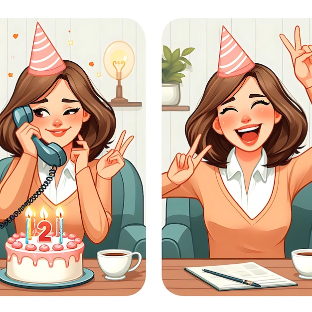 a woman talking on a phone with a birthday cake and a cup of coffee