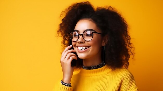 A woman talking on a phone with a yellow background.