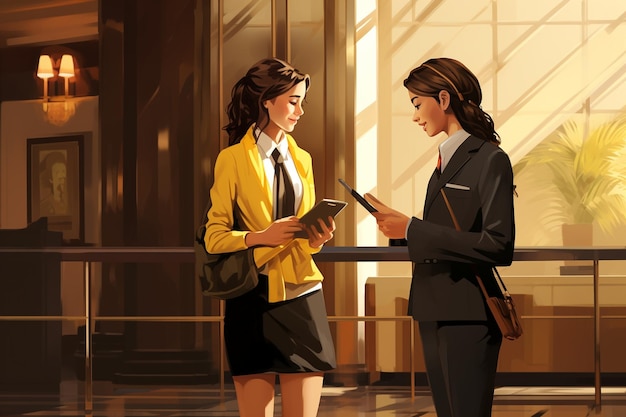 woman talking with a hotel receptionist in the lobby