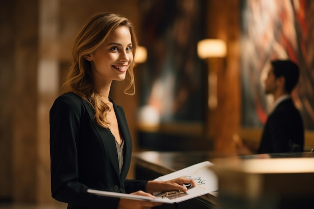 woman talking with a hotel receptionist in the lobby