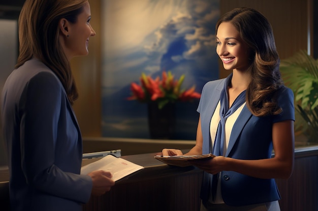 woman talking with a hotel receptionist in the lobby