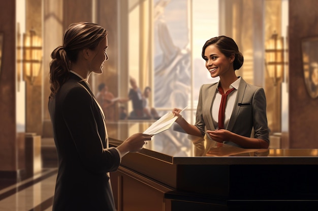 woman talking with a hotel receptionist in the lobby