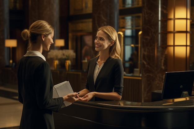 Foto donna che parla con una receptionist dell'hotel nella hall