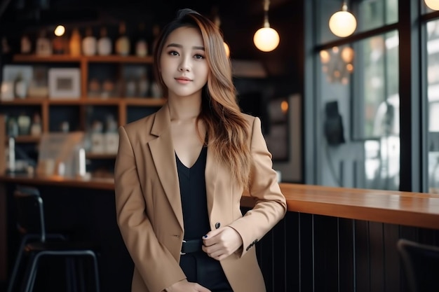 A woman in a tan blazer stands in front of a bar with a coffee shop in the background.