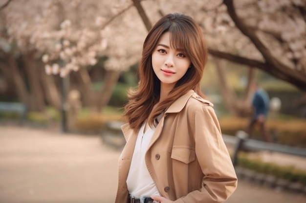 A woman in a tan coat stands in front of a cherry blossom tree.