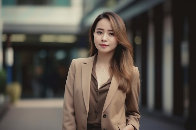 A woman in a tan suit stands in front of a building.