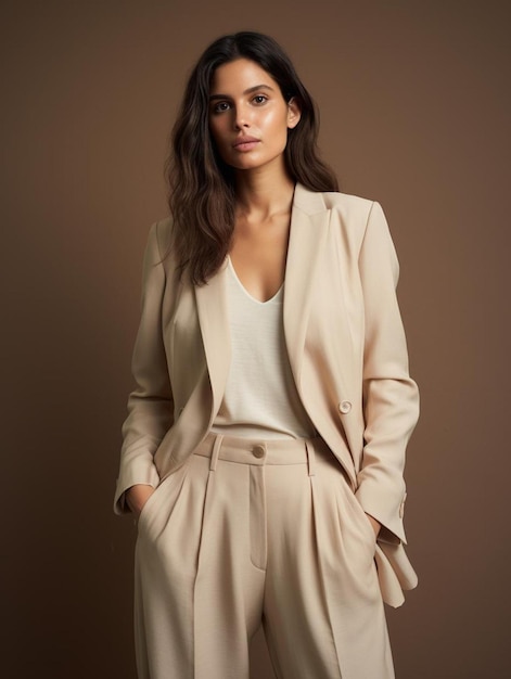 a woman in a tan trench coat stands in front of a brown background.