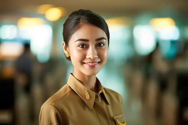 A woman in a tan uniform stands in a blurry background.