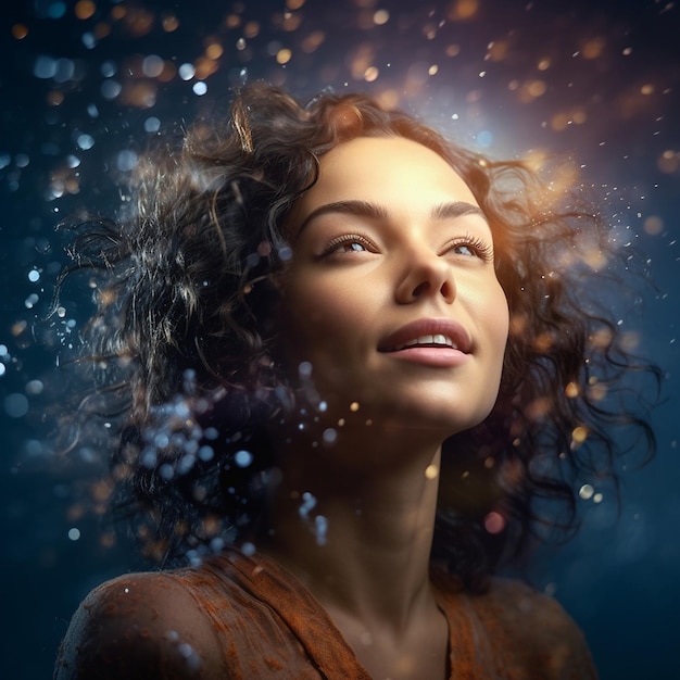 a woman in a tank top is surrounded by bubbles.