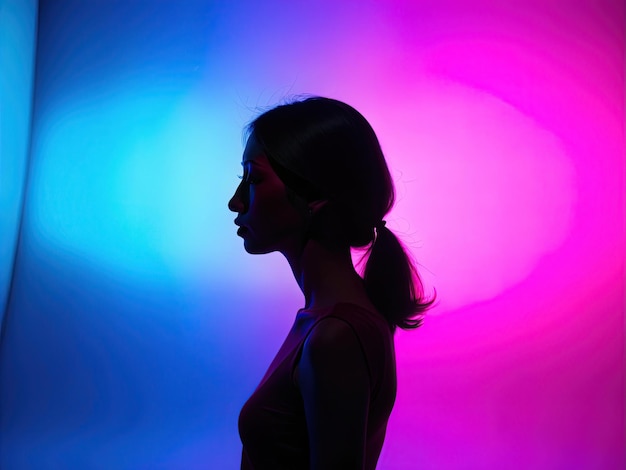 a woman in a tank top stands in front of a colorful light