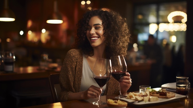 女性がレストランでワインとチーズを味わっている