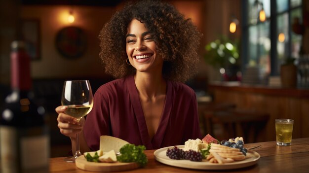 Woman tastes an assortment of cheeses with wine at a restaurant