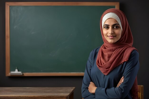 Photo a woman teacher in a hijab stands in front of a chalkboard