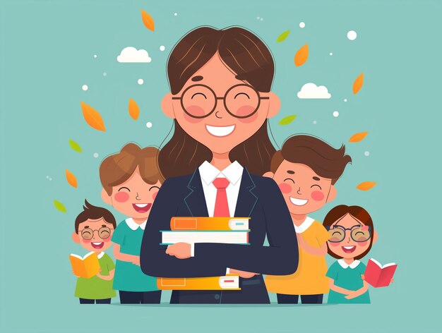Photo woman teacher hug books with happy cute kids by generative ai