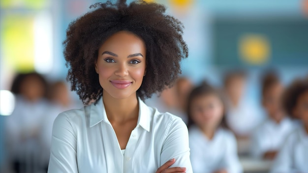 a woman teacher is standing in a classroom